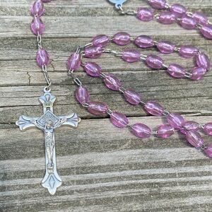 Vintage INRI Italy Crucifix Rosary pink Prayer beads necklace
